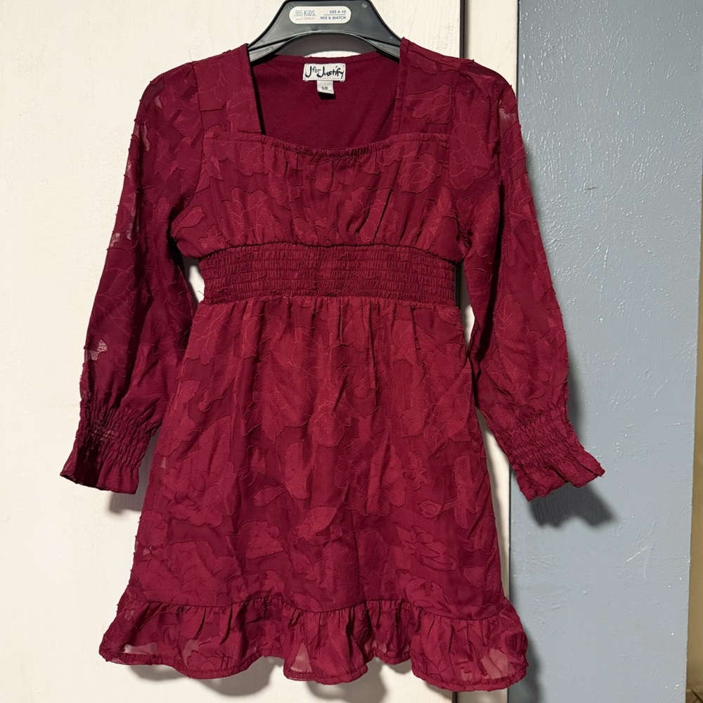 Girls Burgundy Dress with Ruffle Hem